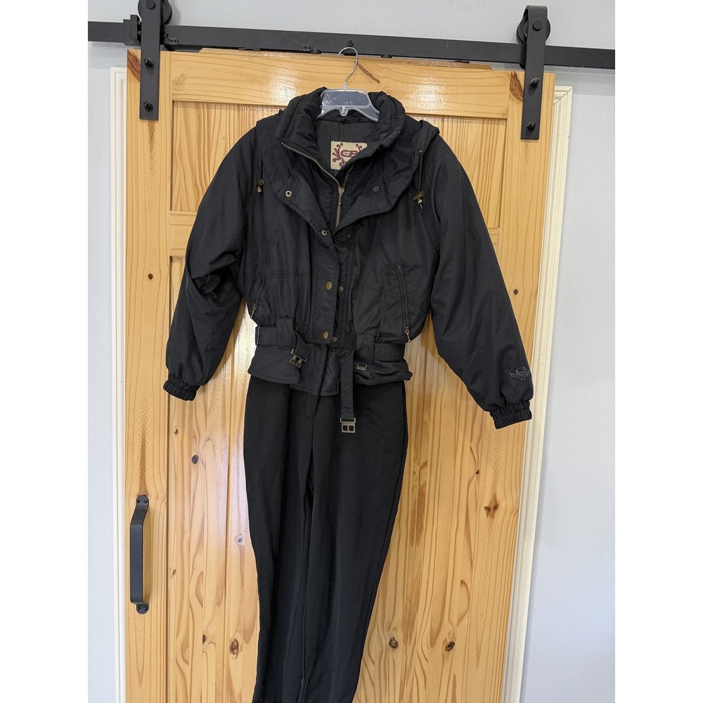 Vintage CB Sport Ski Suit Womens 10 Black‎ Hooded Belted One Piece Snowsuit 90s